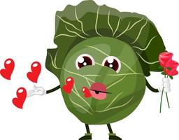 Cabbage holds a rose and sends kisses, illustration, vector on white background.