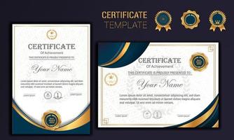 Certificate of appreciation template, gold and blue color. Clean modern certificate with gold badge. Certificate border template with luxury and modern line pattern vector