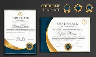 Certificate of achievement template, gold and blue color. Clean modern certificate with gold badge. Certificate border template with luxury and modern line pattern vector