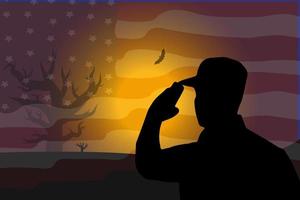 bandera americana y silueta de soldado en el amanecer del atardecer. adecuado para el día de los veteranos, el día de la independencia, el día de los caídos, el 4 de julio o el fondo del copyspace del día del trabajo. vector
