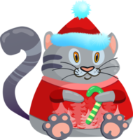 Grey cat in Christmas hat and red sweater. Kitty with New Year's caramel. Funny Kawaii animal. Cute cartoon baby character. Colorful illustration on transparent background. png