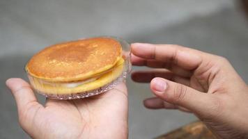 Pancake sandwich treat in plastic container video