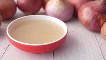 Clear soup in a bowl, broth, red onions video