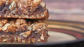 Close up of cereal bars on a plate video