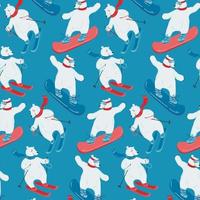 Seamless pattern with a cute polar bear that skis and snowboards. Illustration with winter sports. Winter activity. Vector illustration in a flat style.