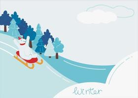 Illustration with a cute polar bear that is sledding. Winter snow landscape and winter activity. Seasonal background with place for text. Vector illustration in a flat style.