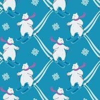 Seamless pattern with a cute polar bear skiing. Illustration with winter sports. Winter activity. Vector illustration in a flat style.