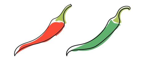 Vector set of chili peppers. Vegetables spicy red and green chili peppers.