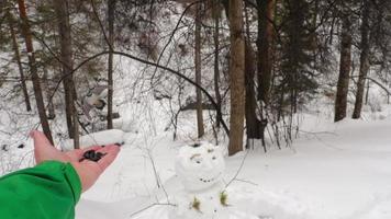 un hombre alimenta a un pájaro en el bosque de invierno. el trepador de pájaros hambrientos vuela hacia una persona y toma comida de las manos video