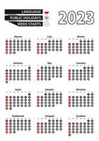Polish calendar 2023 with numbers in circles, week starts on Sunday. 2023 with flag of Poland vector