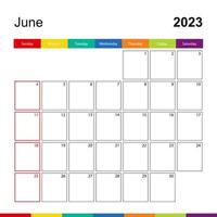 calendario de pared colorido de junio de 2023, la semana comienza el domingo. vector