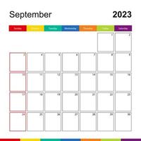 calendario de pared colorido de septiembre de 2023, la semana comienza el domingo. vector