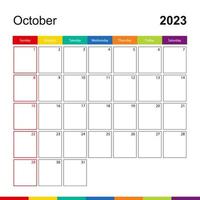 calendario de pared colorido de octubre de 2023, la semana comienza el domingo. vector