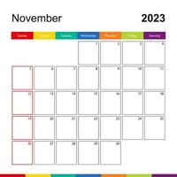 calendario de pared colorido de noviembre de 2023, la semana comienza el domingo. vector