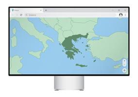 Computer monitor with map of Greece in browser, search for the country of Greece on the web mapping program. vector