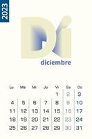 Minimalist calendar template for December 2023, vector calendar in Spanish language.