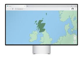 Computer monitor with map of Scotland in browser, search for the country of Scotland on the web mapping program. vector