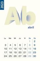 plantilla de calendario minimalista para abril de 2023, calendario vectorial en español. vector