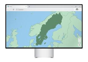 Computer monitor with map of Sweden in browser, search for the country of Sweden on the web mapping program. vector