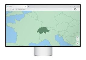 monitor de computadora con mapa de suiza en el navegador, busque el país de suiza en el programa de mapeo web. vector