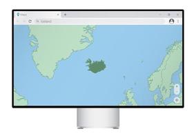 Computer monitor with map of Iceland in browser, search for the country of Iceland on the web mapping program. vector