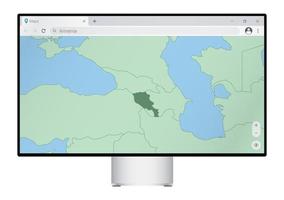 monitor de computadora con mapa de armenia en el navegador, busque el país de armenia en el programa de mapeo web. vector