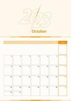 Modern vector vertical calendar sheet for October 2023, planner in English.