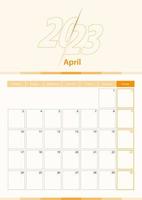 hoja de calendario vertical vectorial moderna para abril de 2023, planificador en inglés. vector