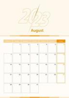 hoja de calendario vertical vectorial moderna para agosto de 2023, planificador en inglés. vector