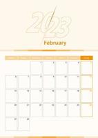 Modern vector vertical calendar sheet for February 2023, planner in English.