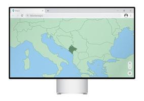 Computer monitor with map of Montenegro in browser, search for the country of Montenegro on the web mapping program. vector