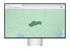 Computer monitor with map of Slovakia in browser, search for the country of Slovakia on the web mapping program. vector