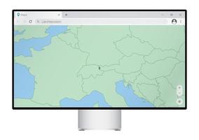 Computer monitor with map of Liechtenstein in browser, search for the country of Liechtenstein on the web mapping program. vector