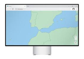 Computer monitor with map of Gibraltar in browser, search for the country of Gibraltar on the web mapping program. vector