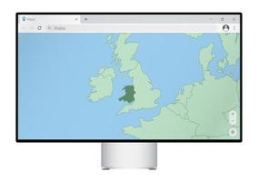 Computer monitor with map of Wales in browser, search for the country of Wales on the web mapping program. vector