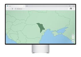 Computer monitor with map of Moldova in browser, search for the country of Moldova on the web mapping program. vector