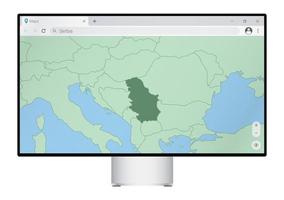 monitor de computadora con mapa de serbia en el navegador, busque el país de serbia en el programa de mapeo web. vector