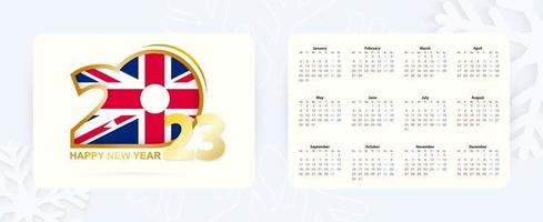 calendario de bolsillo horizontal 2023 en inglés. icono de año nuevo 2023 con bandera del reino unido. vector