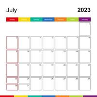 July 2023 colorful wall calendar, week starts on Sunday. vector