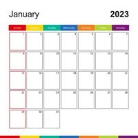 calendario de pared colorido de enero de 2023, la semana comienza el domingo. vector