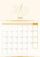 Modern vector vertical calendar sheet for June 2023, planner in English.