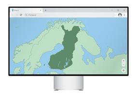 Computer monitor with map of Finland in browser, search for the country of Finland on the web mapping program. vector