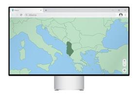 monitor de computadora con mapa de albania en el navegador, busque el país de albania en el programa de mapeo web. vector