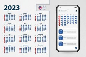 aplicación de calendario para teléfono inteligente. calendario vectorial 2023 la semana comienza el domingo, idioma inglés. vector