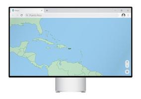 Computer monitor with map of Puerto Rico in browser, search for the country of Puerto Rico on the web mapping program. vector