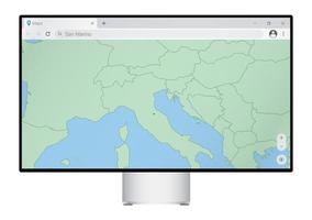 monitor de computadora con mapa de san marino en el navegador, busque el país de san marino en el programa de mapeo web. vector