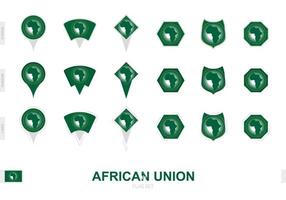 Collection of the African Union flag in different shapes and with three different effects. vector
