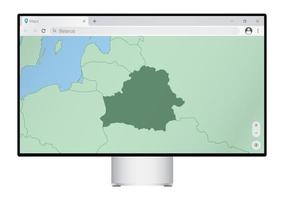 Computer monitor with map of Belarus in browser, search for the country of Belarus on the web mapping program. vector