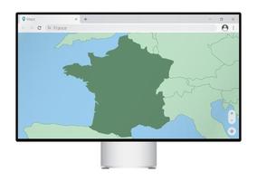 monitor de computadora con mapa de francia en el navegador, busque el país de francia en el programa de mapeo web. vector