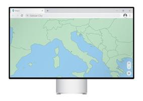 Computer monitor with map of Vatican City in browser, search for the country of Vatican City on the web mapping program. vector